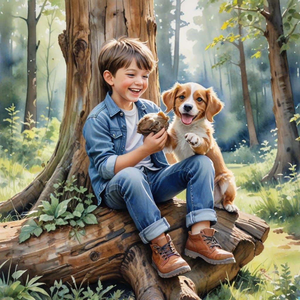 Boy and Puppy in Woodland Glade: Watercolor Painting