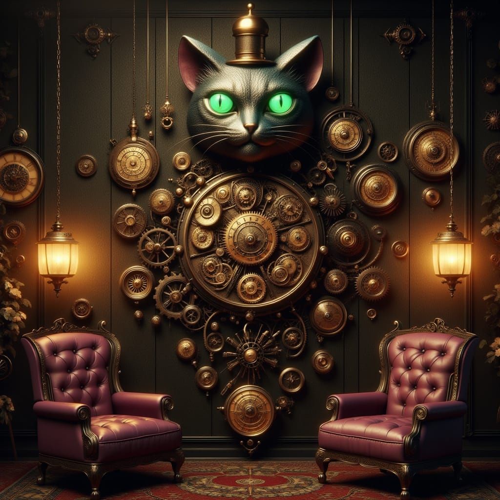 Steampunk Cat Cuckoo Clock with Brass Gears