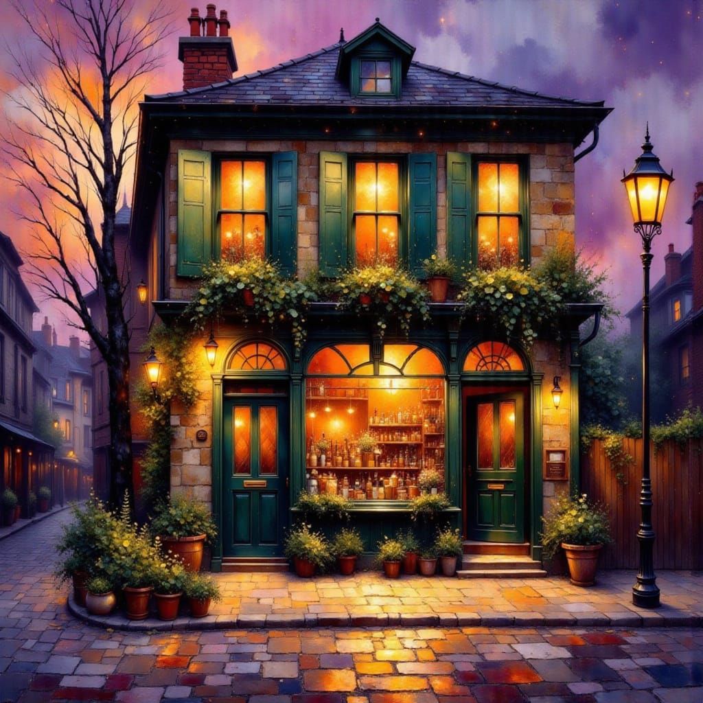 Charming Street Scene at Dusk in Impressionistic Style