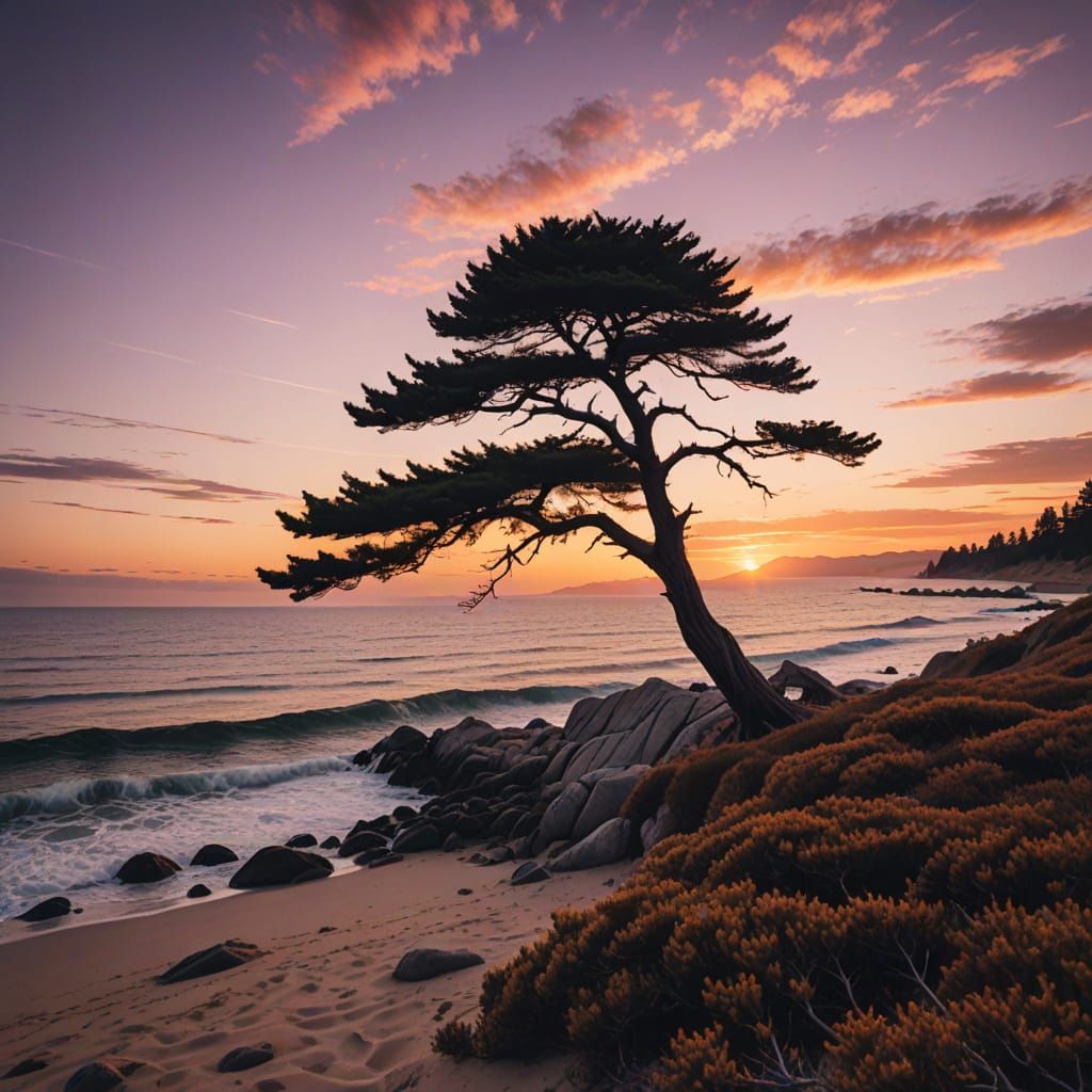 Lone Pine Tree at Sunset: Coastal Landscape Photo