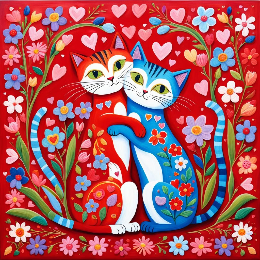 Whimsical Folk Art Cats Hugging for Valentine's Day