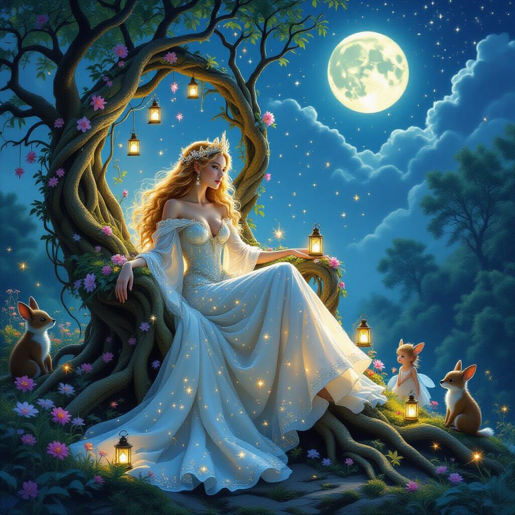 Enchanted Fairy Queen on Floral Throne, Dreamlike Scene