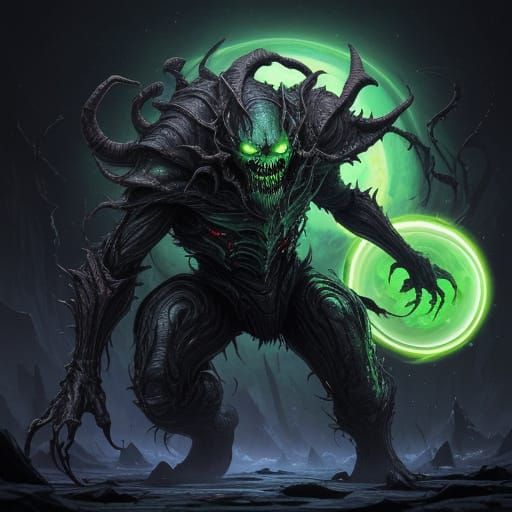 Cosmic Horror: Green, Flesh-Wrapped Insectoid Beast with Ove...