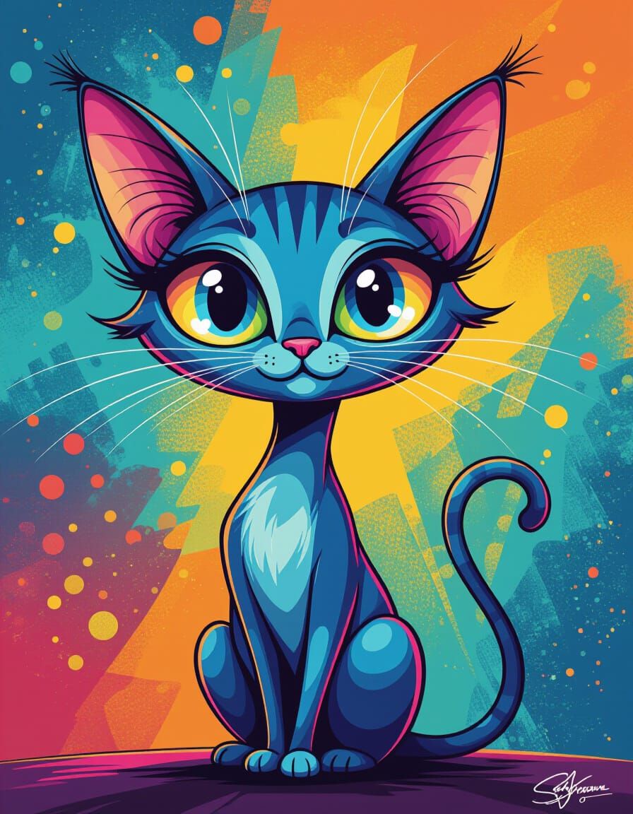 Abstract Atomic Cat in Neon Hues