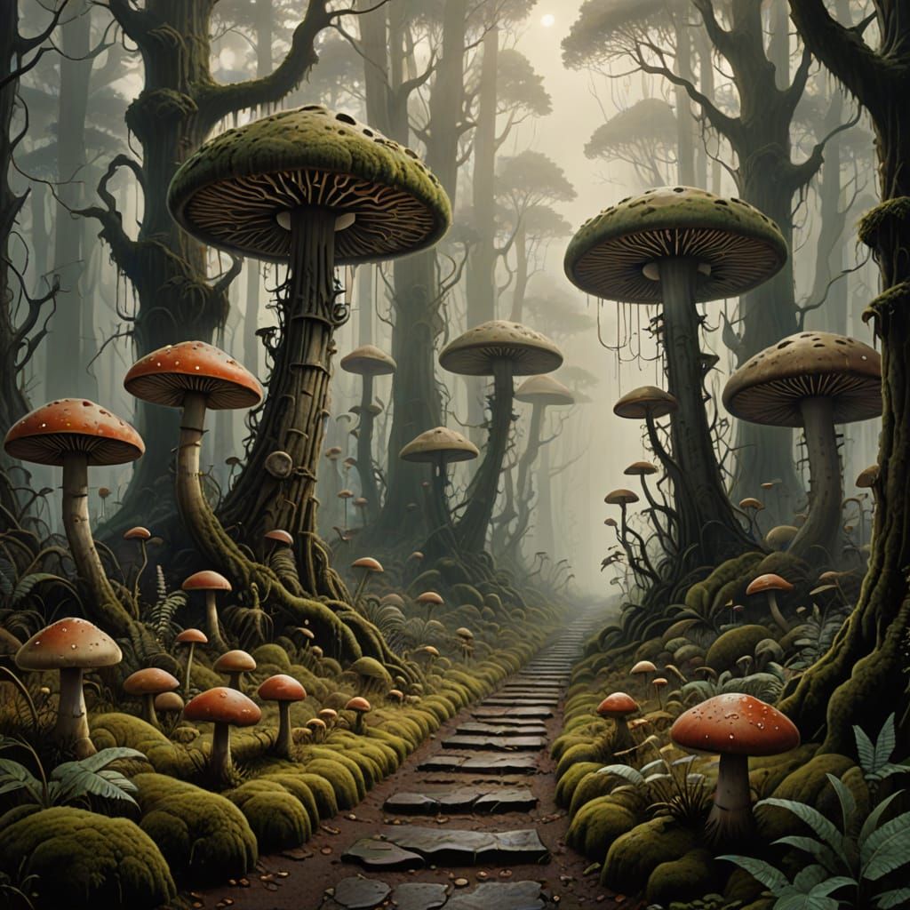 Surreal Forest of Towering Mushrooms in a Hazy, Mysterious L...
