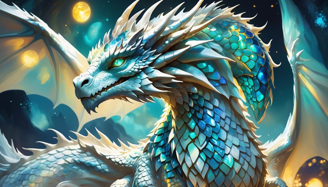 Opal White Dragon in Moonlight: Hyper-Realistic Digital Art