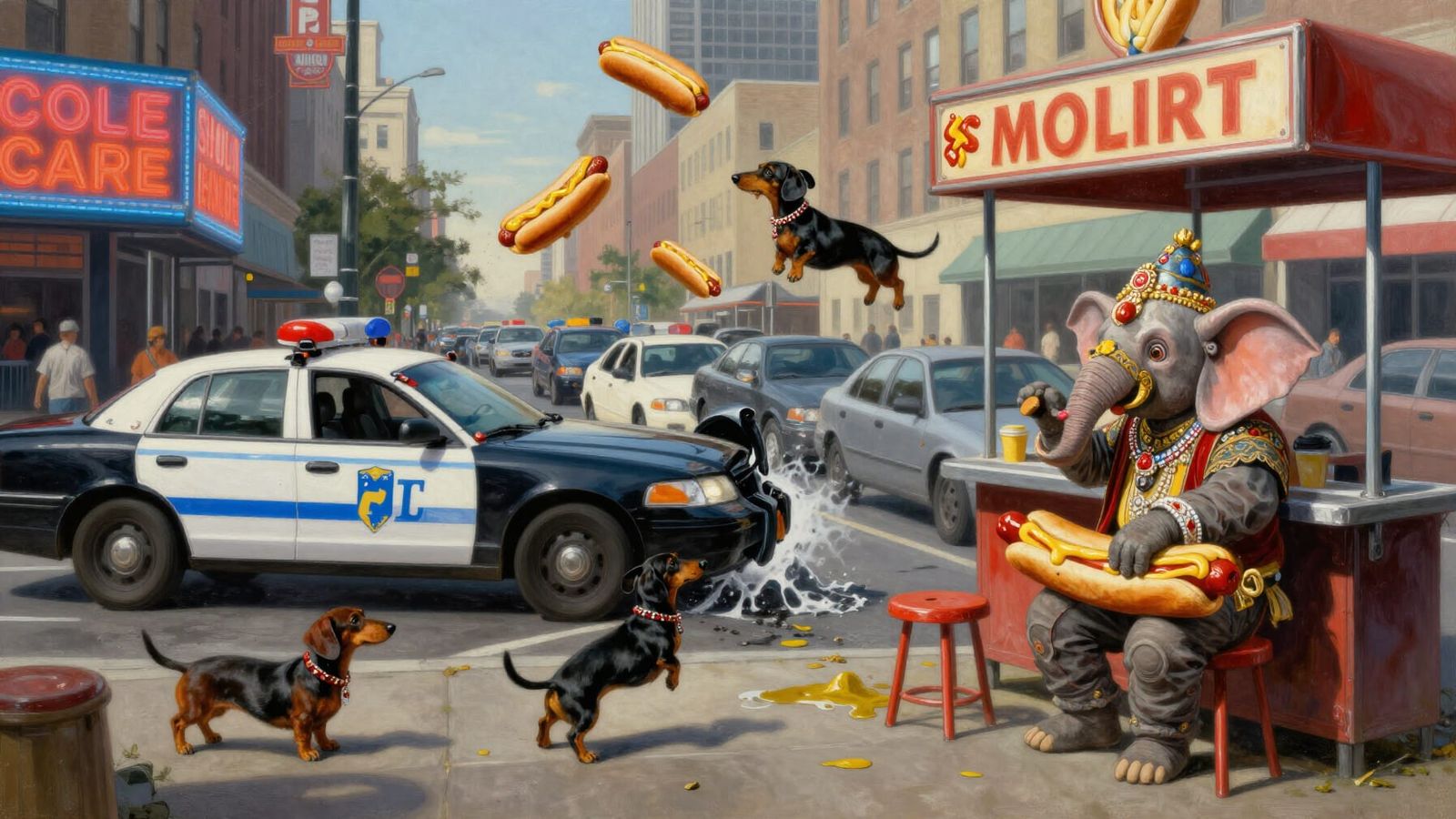 Surreal Detroit Street Scene: Police Car Crash with Dachshun...
