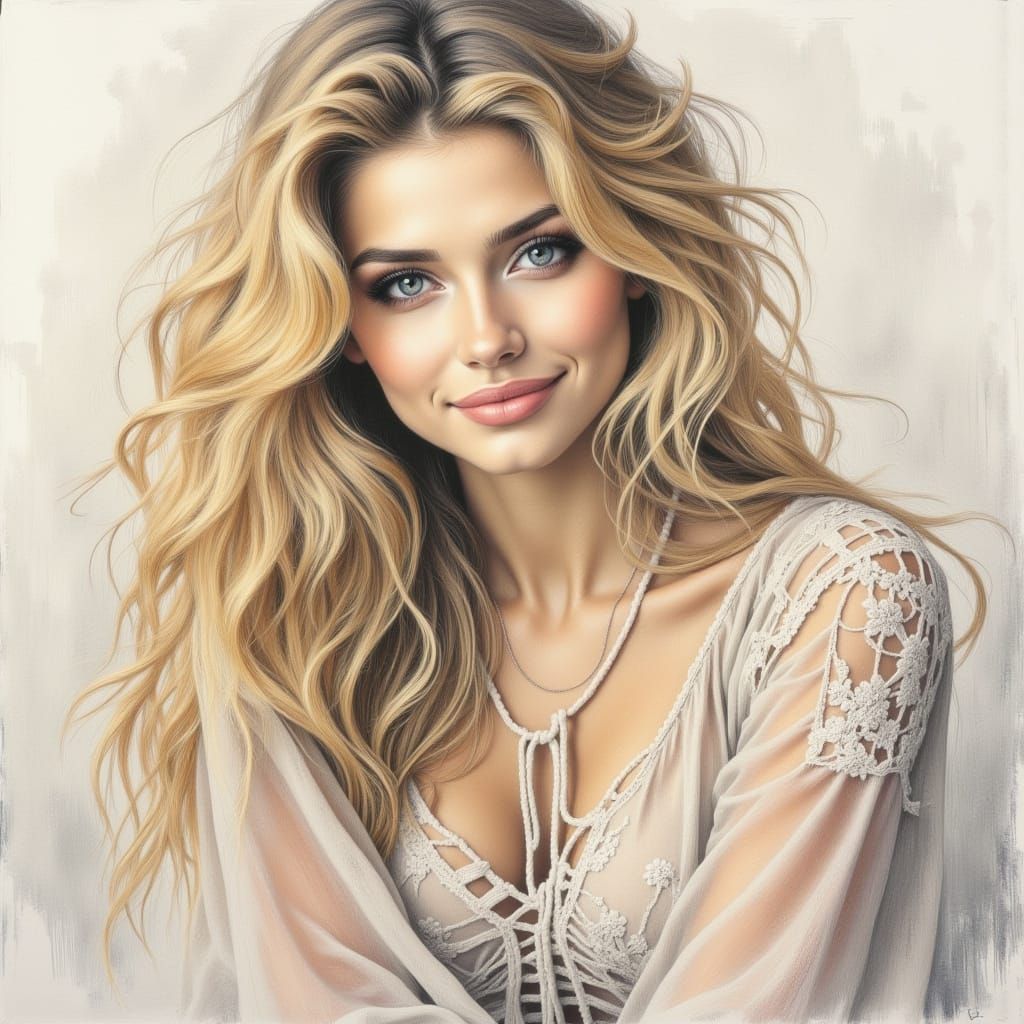 Ethereal Portrait of a Serene Woman in Impressionistic Penci...