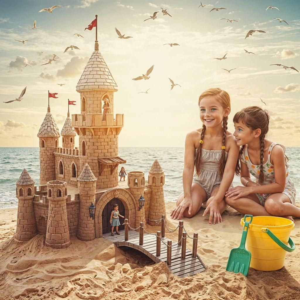Dreamlike Sandcastle Scene with Gigantic Children