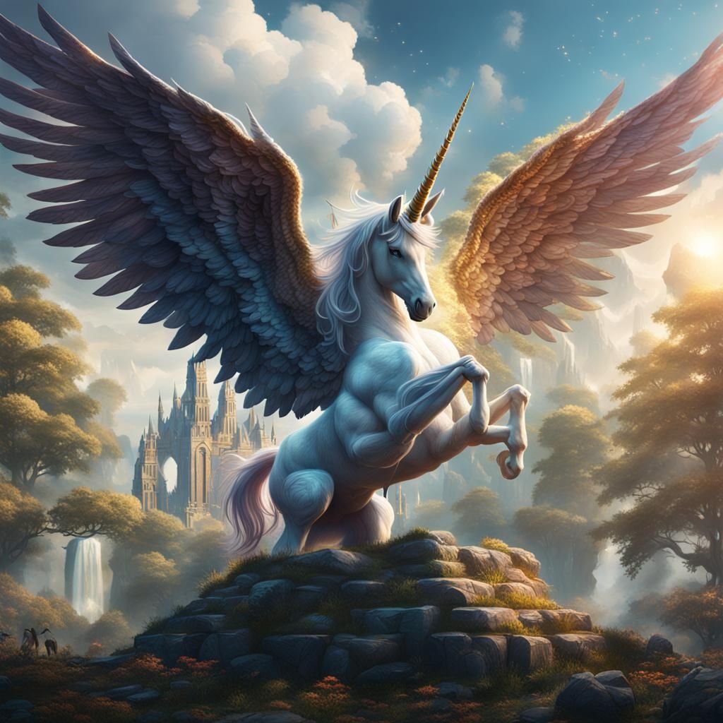 Winged Unicorn Praying in Heaven: Fantasy Concept Art