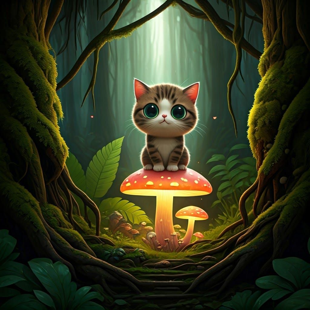 Kawaii Cat on Glowing Mushroom, Matte Painting