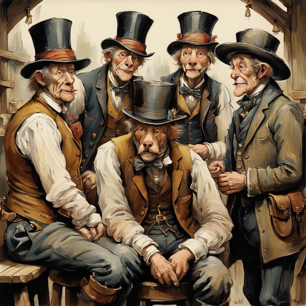 Regal Canine Tavern Scene in Playful Brushstrokes