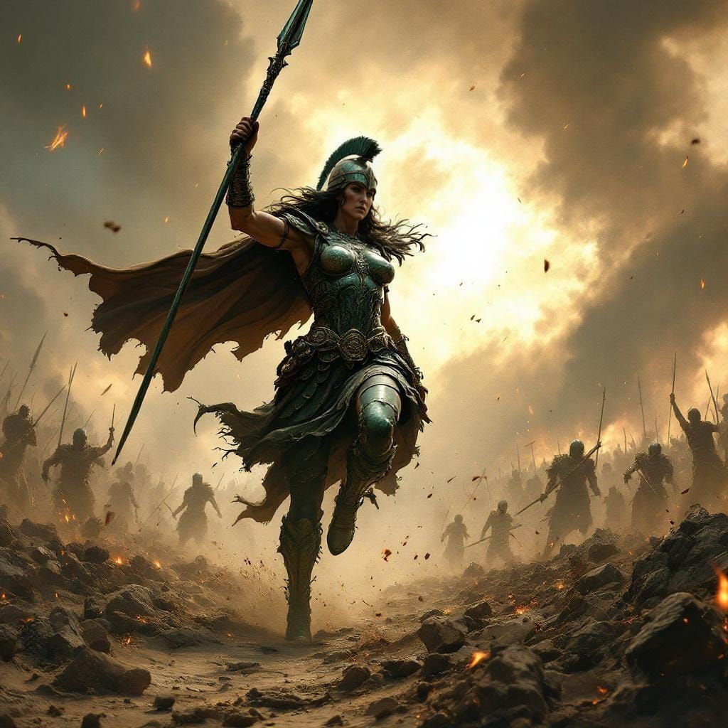 Athena Promachos Charging Across Smoky Battlefield