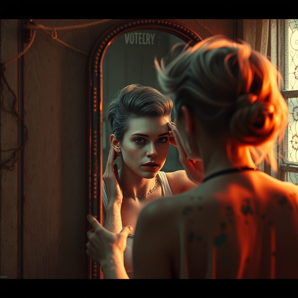 Surreal Woman Shaves Her Head in Vintage Style