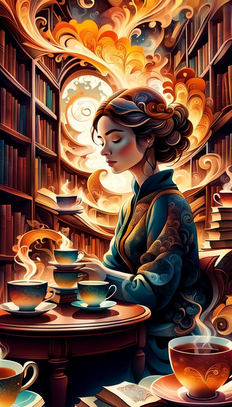 Abstract Fractal: Woman Surrounded by Books and Tea