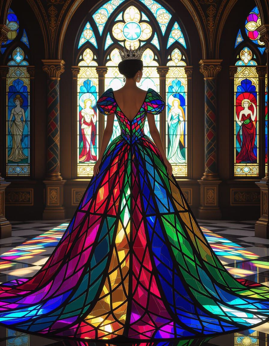 Queen in Stained Glass Gown in Throne Room