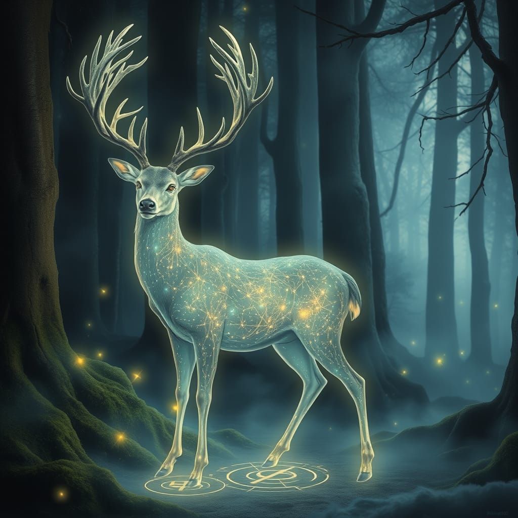 Ethereal Deer in Enchanted Forest, Dreamlike Landscape