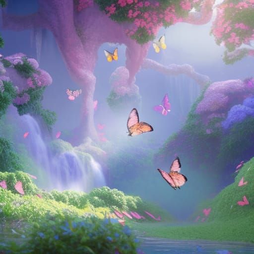 Pastel Garden Scene with Butterflies in Detailed Matte Style