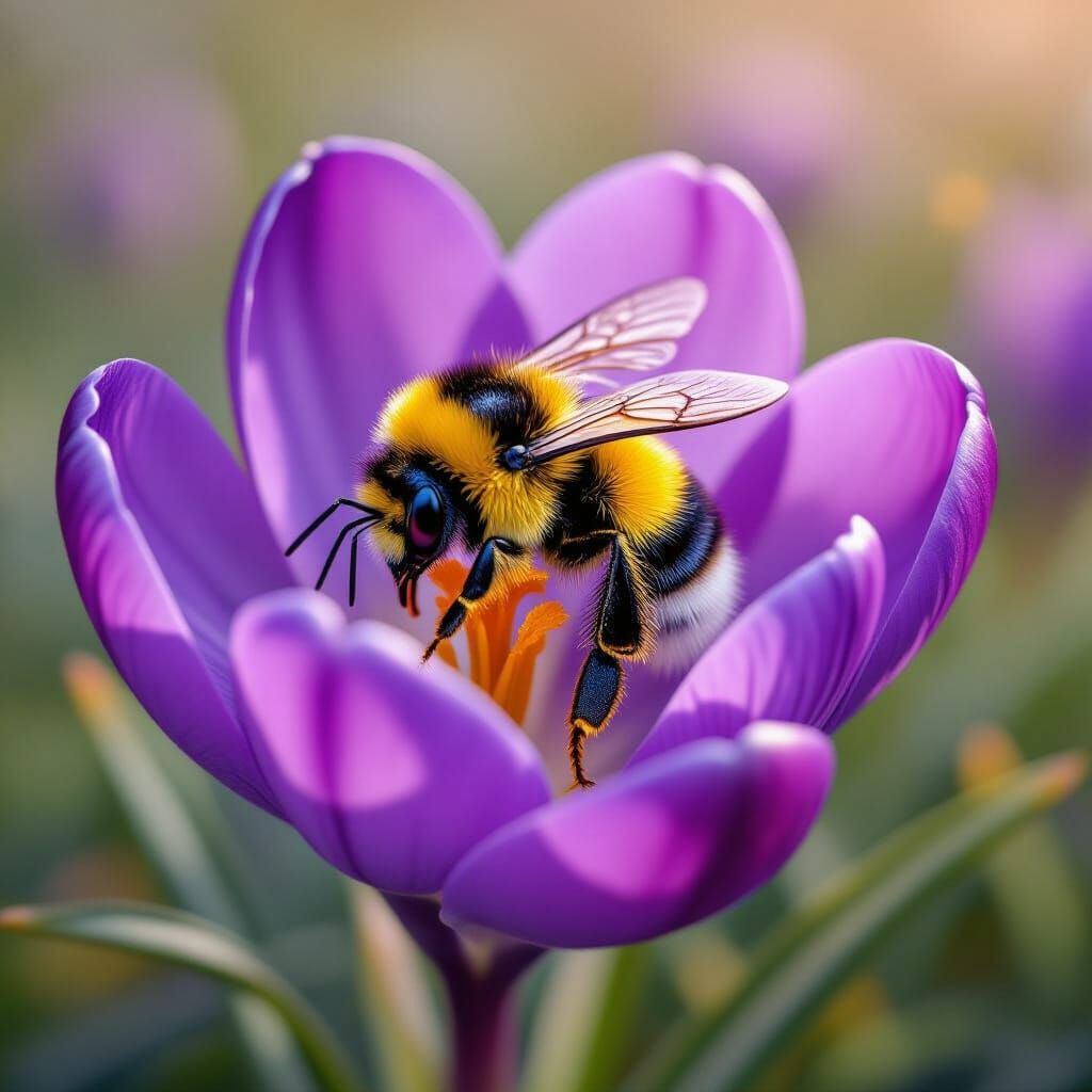 Bumblebee deeply embedded within a purple crocus flower.