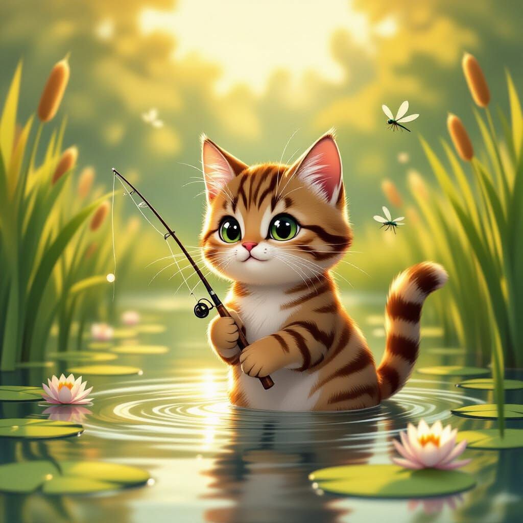 Cartoon Cat Fishing in Pond at Golden Hour