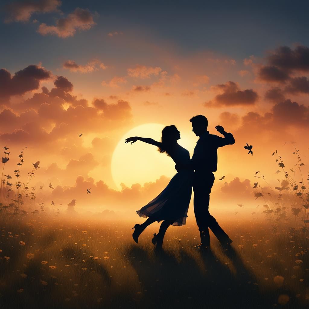 Romantic Couple Dancing at Sunset: Hyperrealistic Silhouette