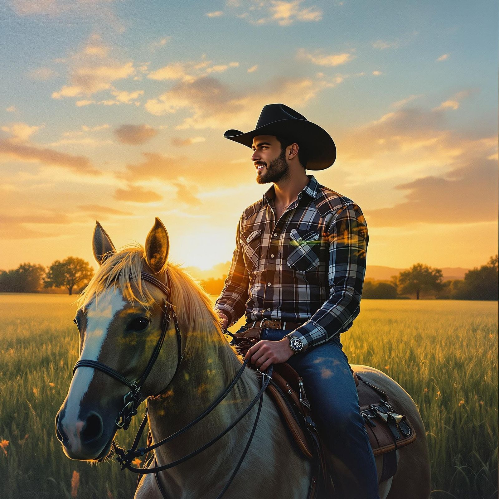 Cowboy Silhouette Double Exposure: Hyperrealistic Acrylic Ar...