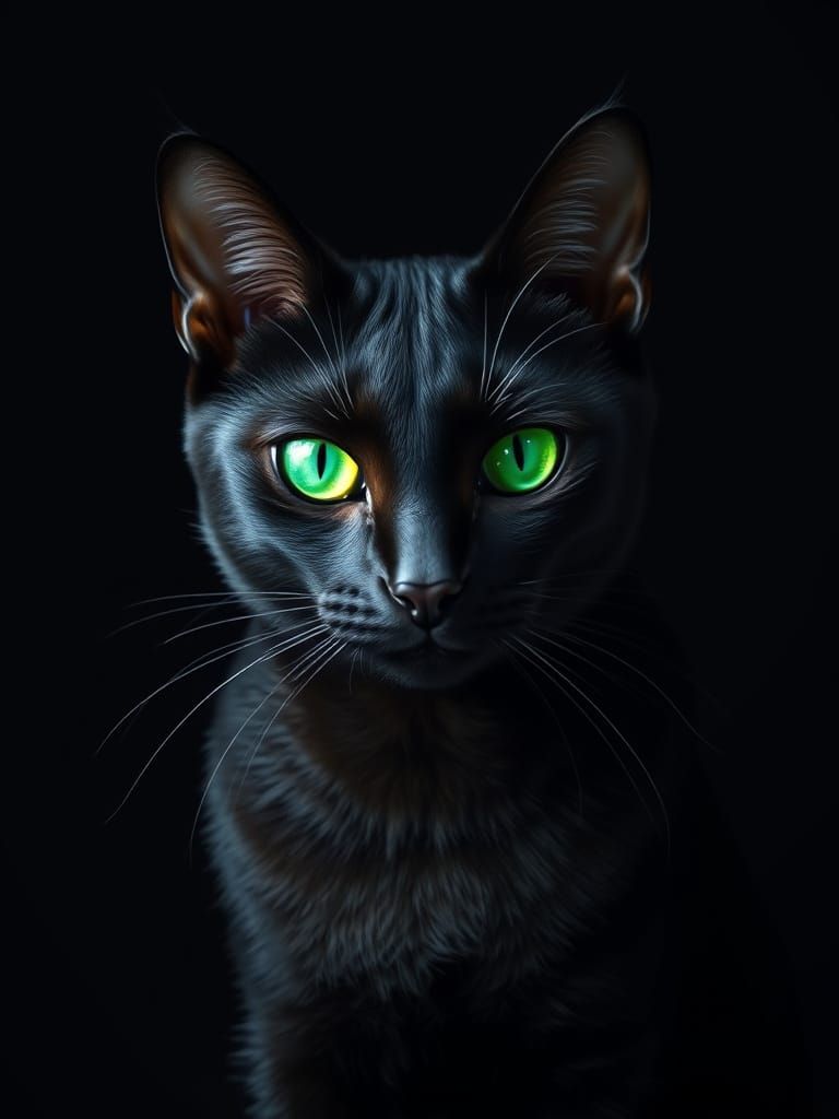 Glowing Black Cat in Emerald Green Eyes