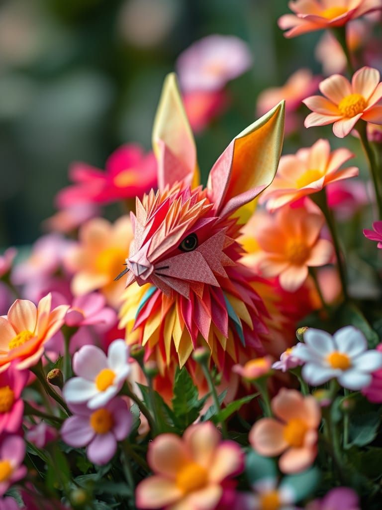 Cute Rainbow Origami Rabbit in Flower Garden