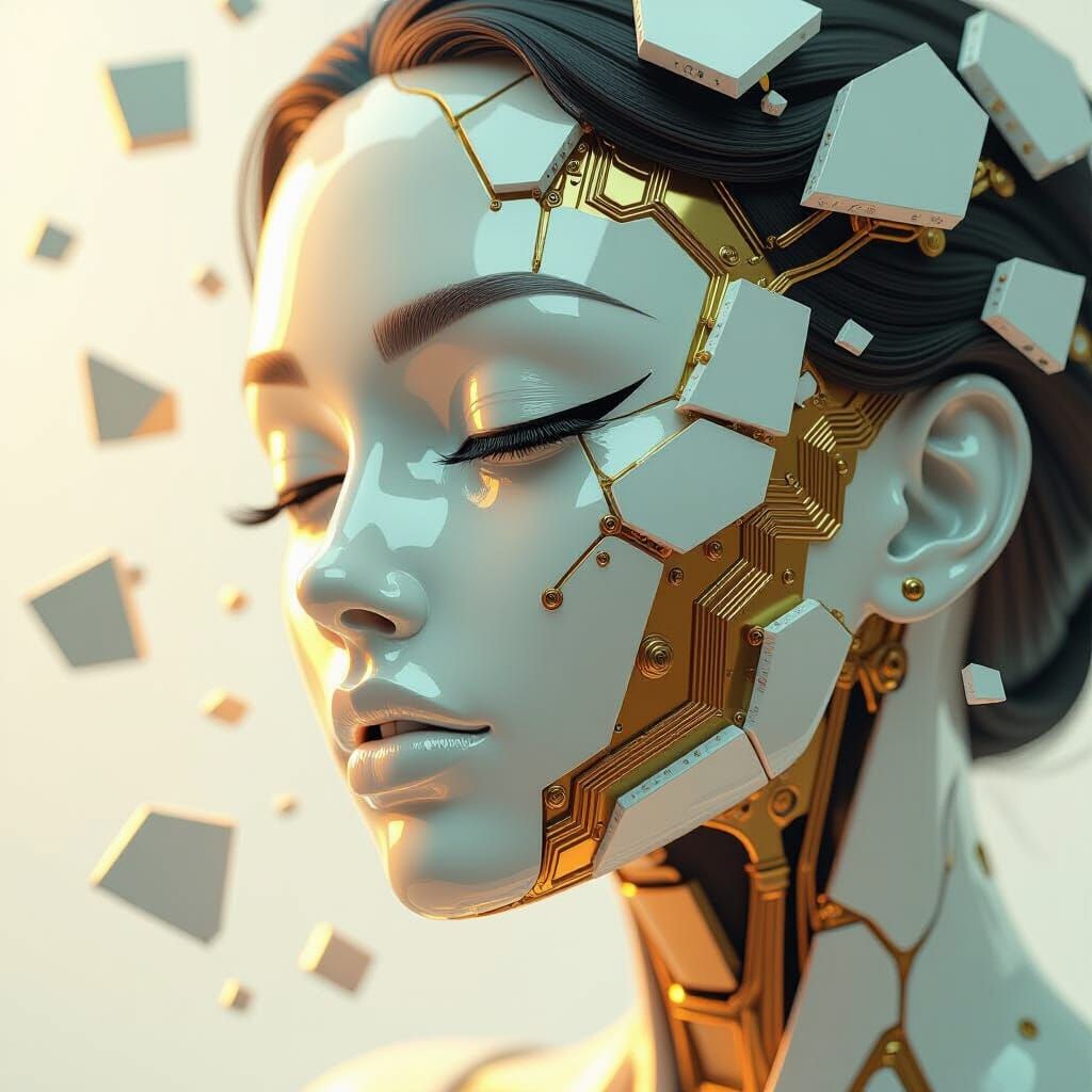 Futuristic Woman Emerging from Shattered Mask