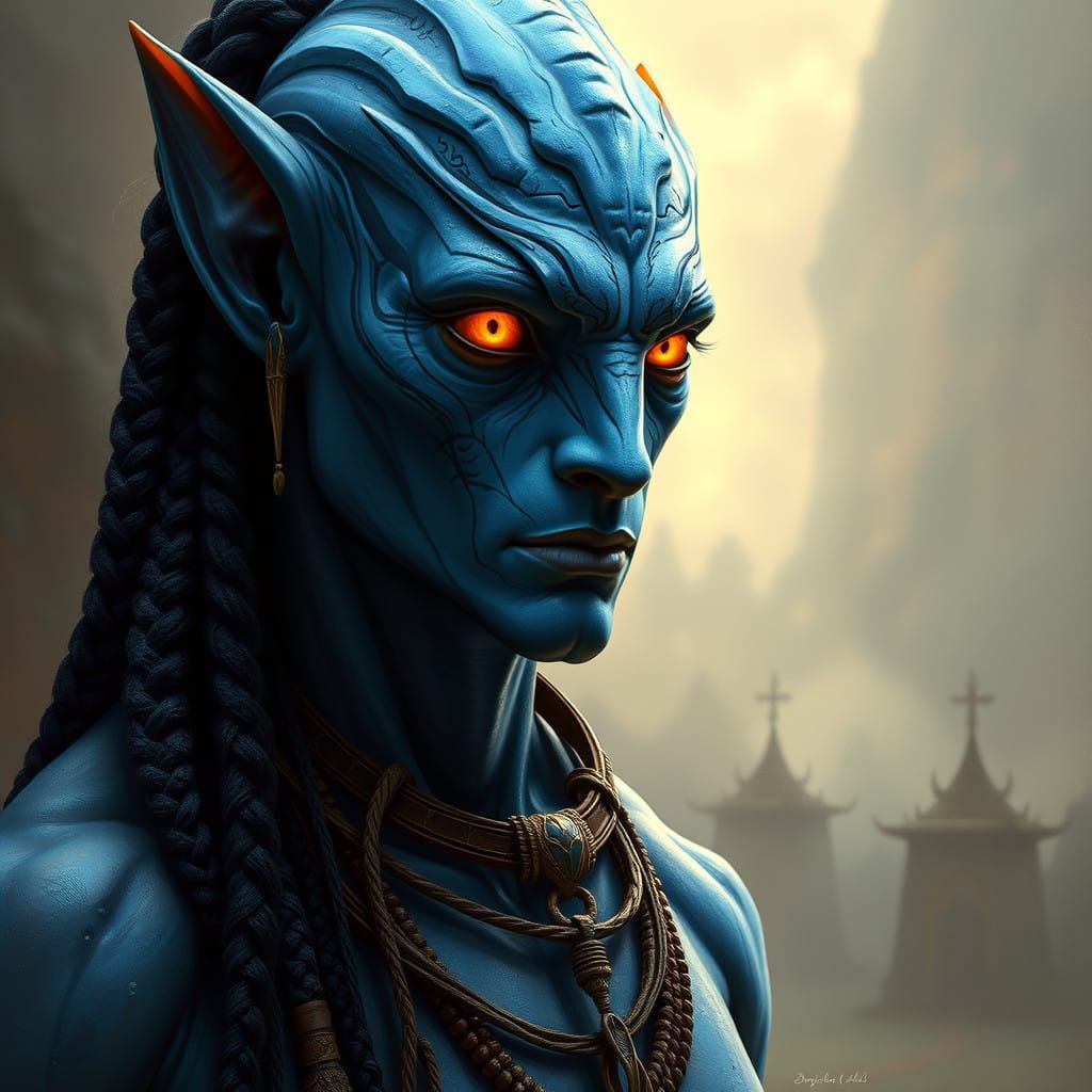 Blue Na'vi Warrior in Mystical Realism Style