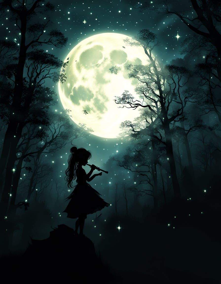 Chibi Nymph's Moonlit Flute Serenade in Fantasy Style