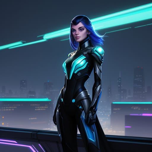 Futuristic Girl on Rooftop in Neon City