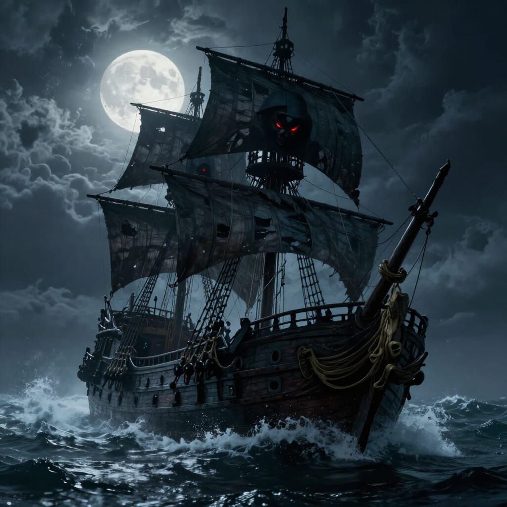 Evil Pirate Ship Sinks in Stormy Seas with Shadowy Figures