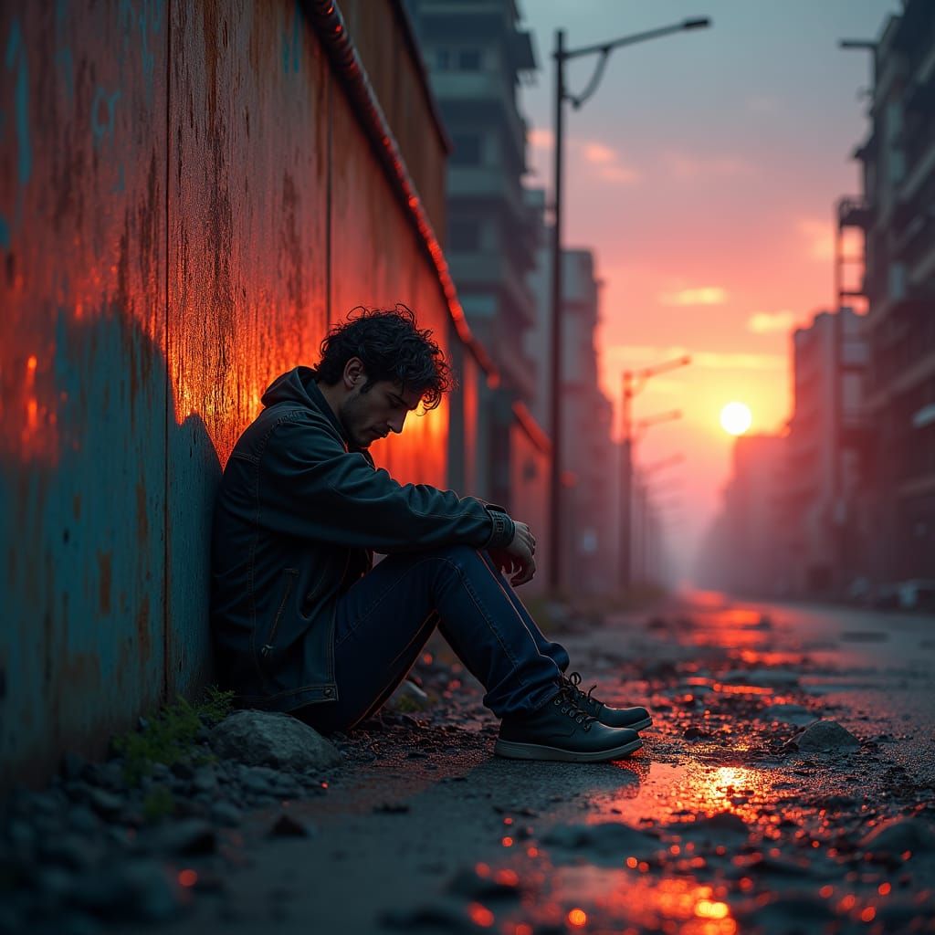 Exhausted Man in Post-Apocalyptic Cityscape, Matte Painting