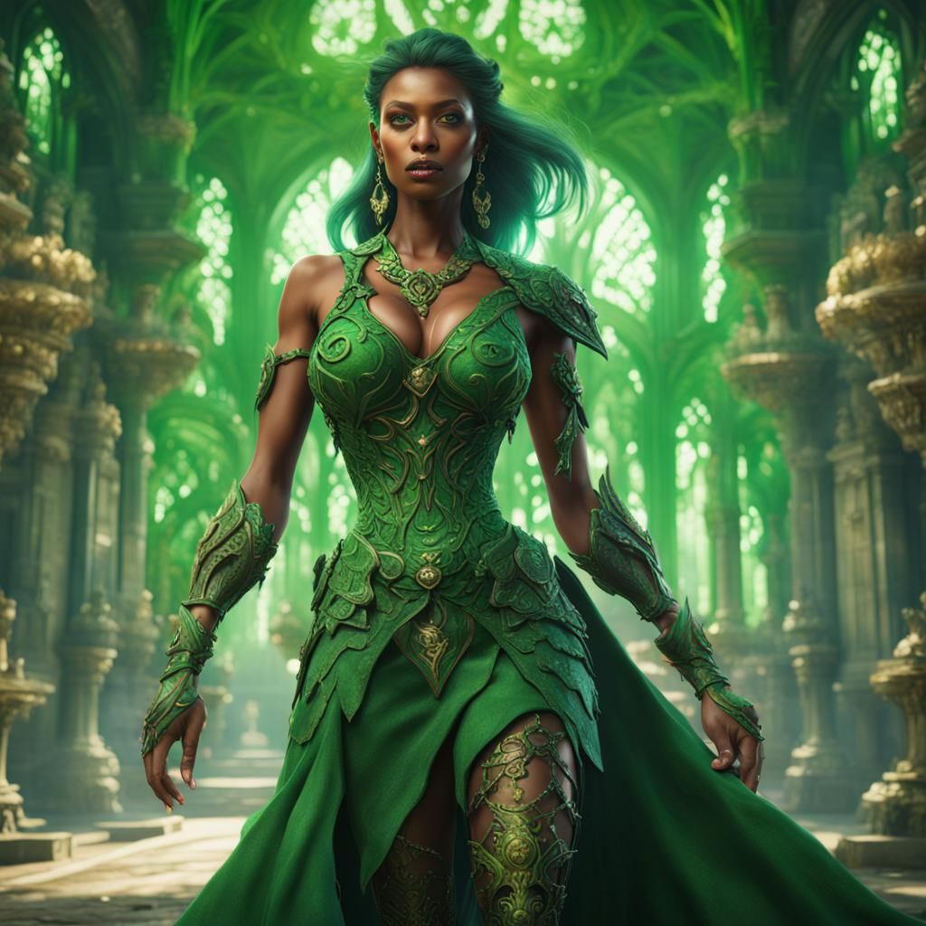 Green-Skinned Supermodel in Detailed Matte Painting