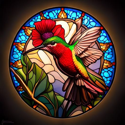 Hummingbird in Stained Glass Style with Cosmic Lighting