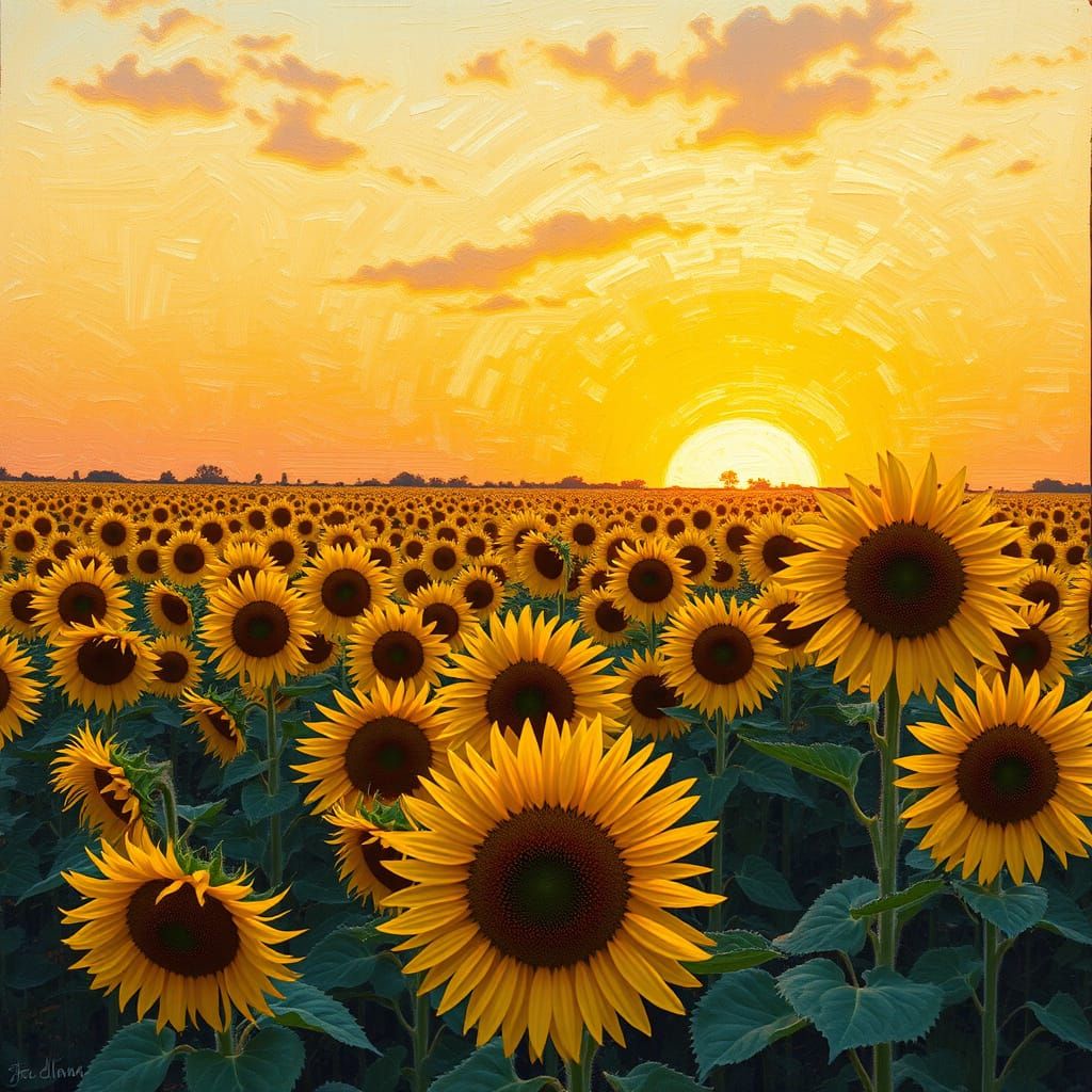 Vibrant Sunflower Patch at Sunset in Impressionist Style