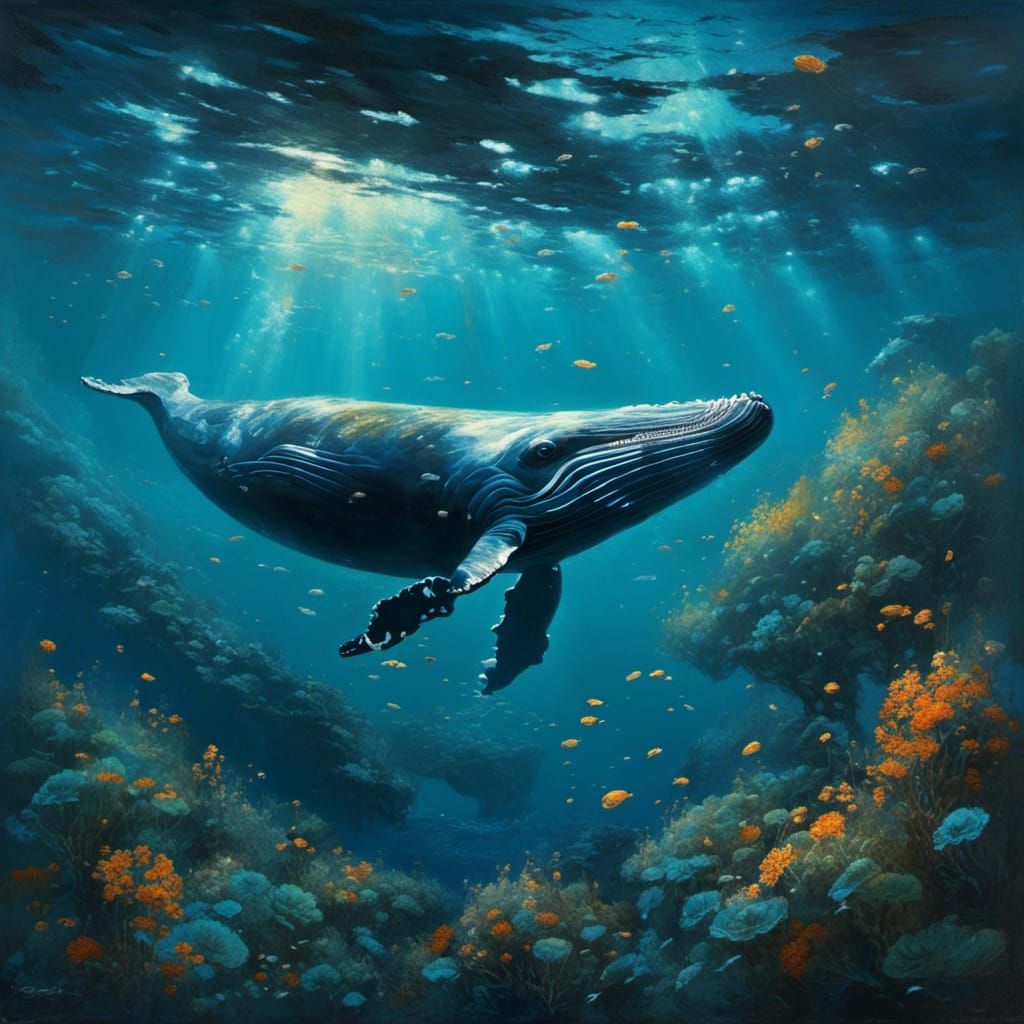 Underwater bioluminescent flower fields background silhouetteof humpback whale <lora:eye:1.0>