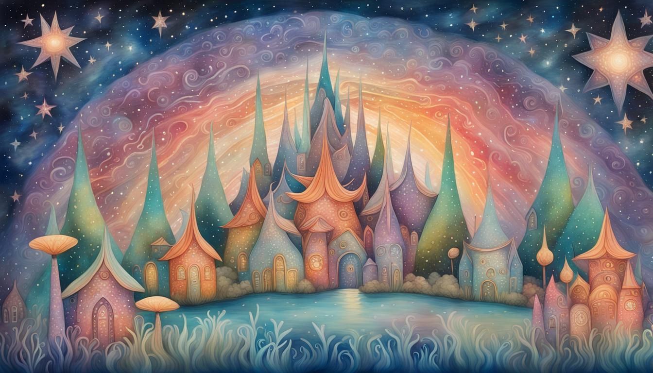 Iridescent Fairy Village in Alebrije Style