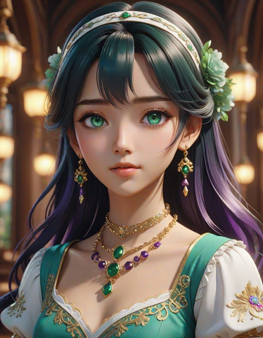 Anime-Inspired Portrait of Esmeralda in Elegant, Ornate Atti...