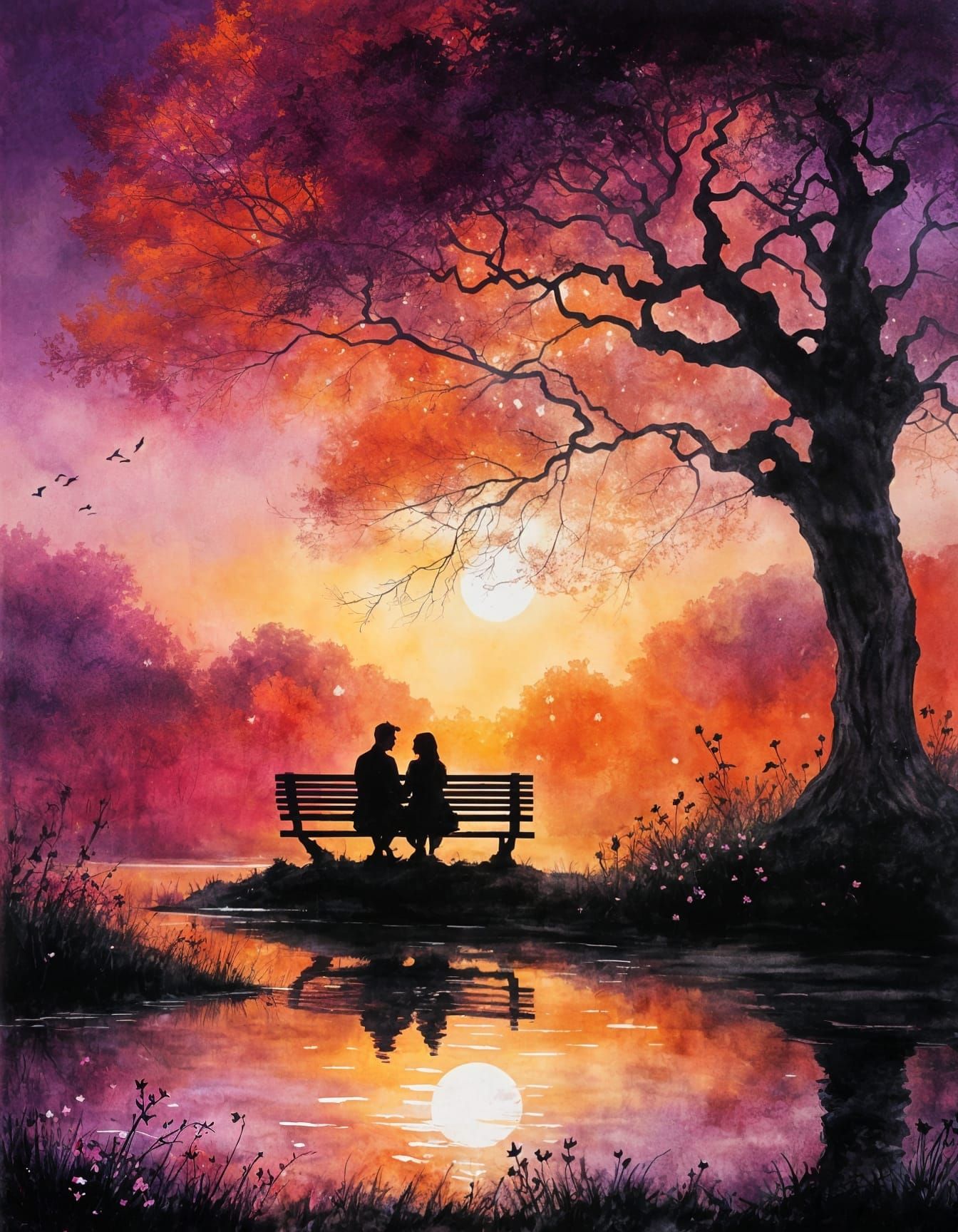 Whimsical Sunset Romance in Spilled Ink Art