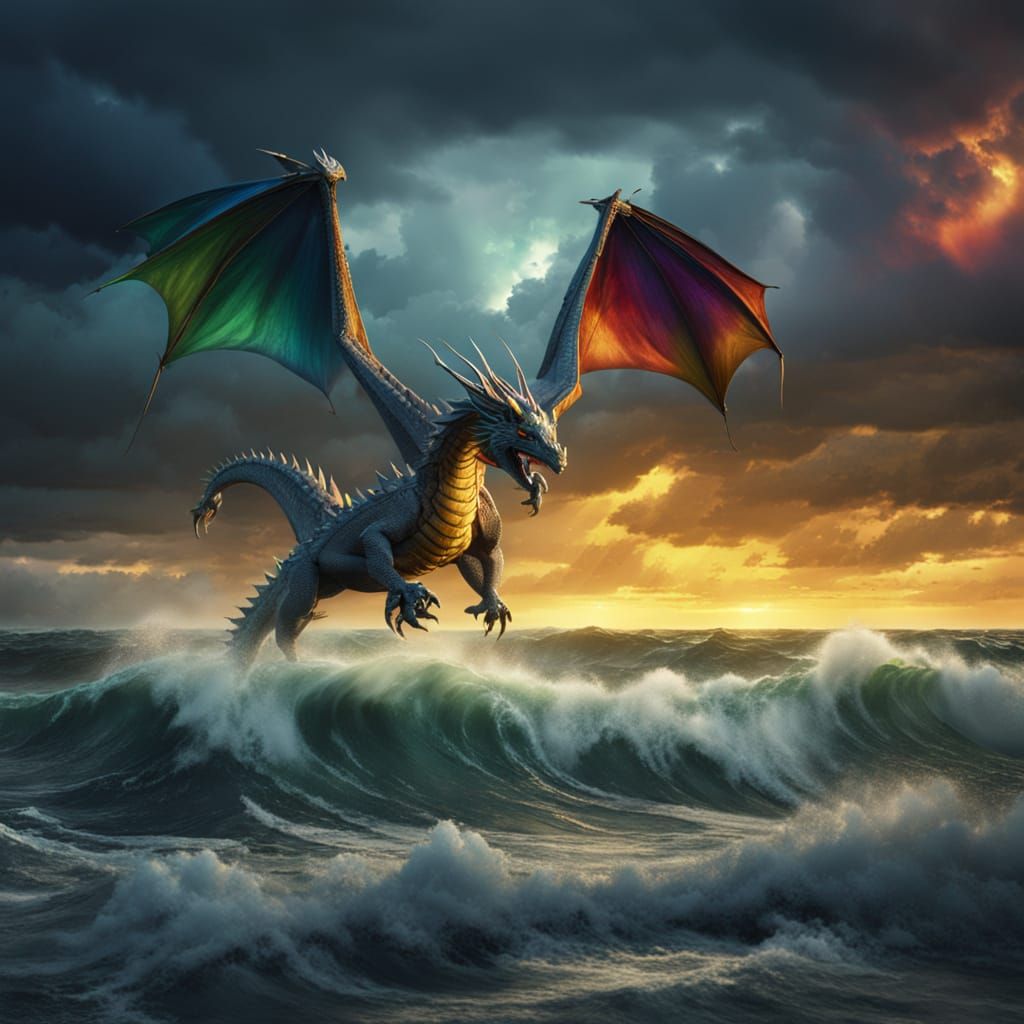 Rainbow Dragon Flies Over Stormy Sea: Digital Painting