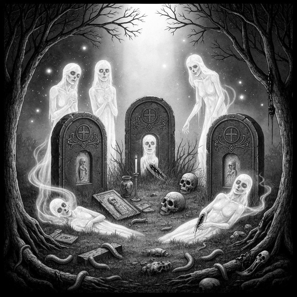 Ethereal Spirits Haunt Moonlight Tombstones in B&W Horror Sc...