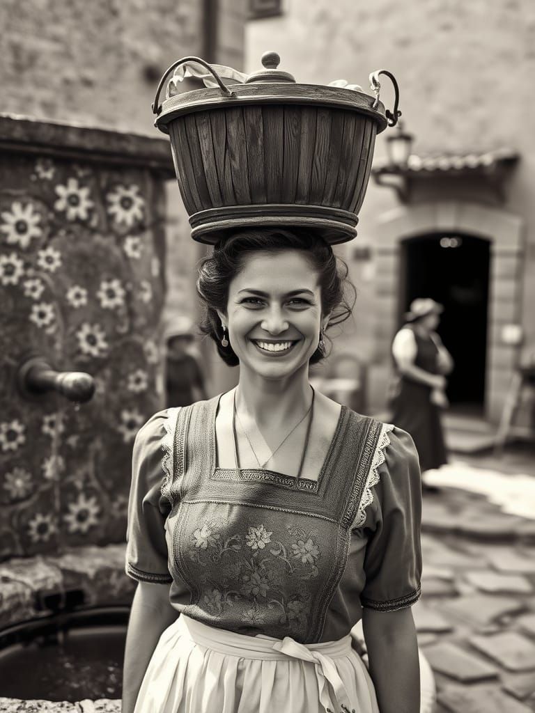 Warm Italian Village Scene with Radiant Woman