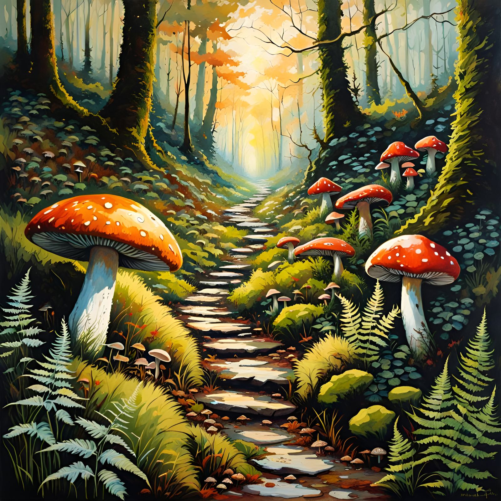 Enchanted Mossy Forest Path at Sunrise