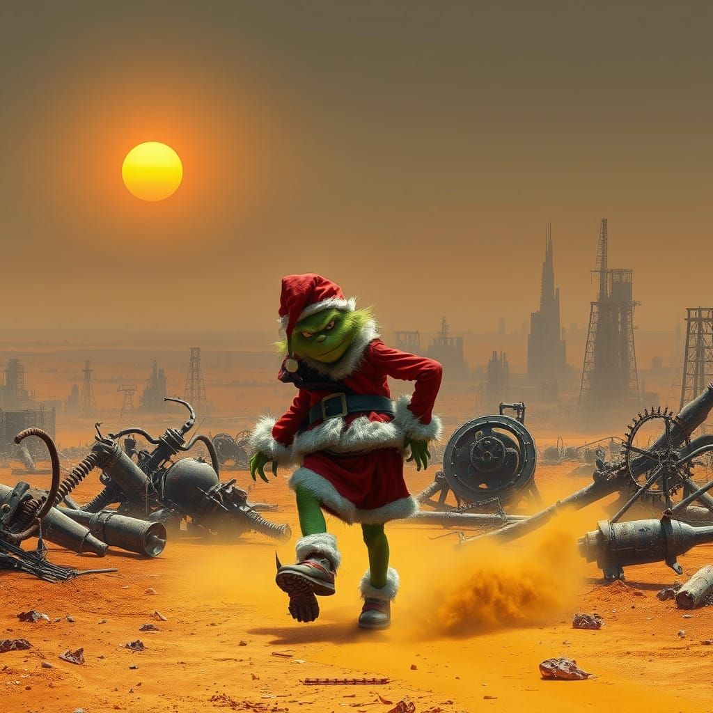 Post-Apocalyptic Wasteland Scene with the Grinch in Tattered...