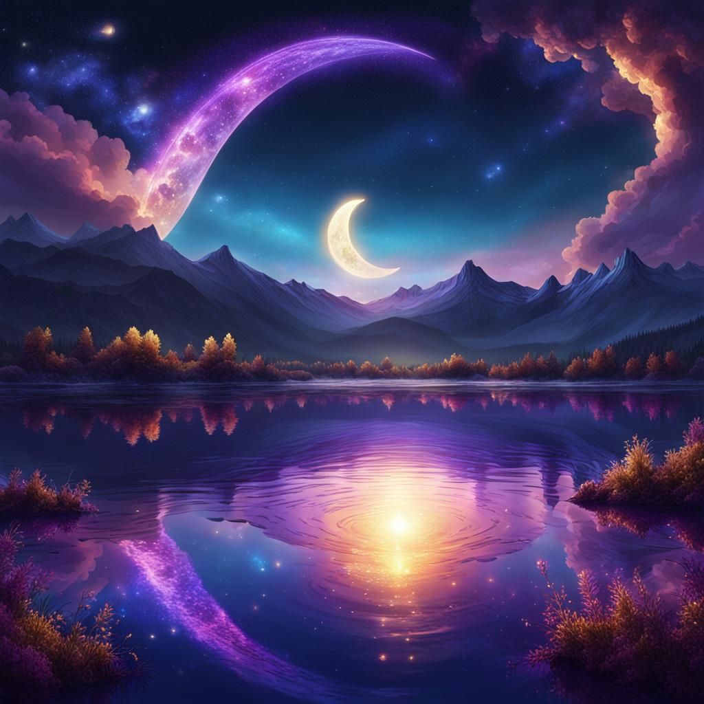 Cosmic Landscape with Twinkling Stars and Crescent Moon