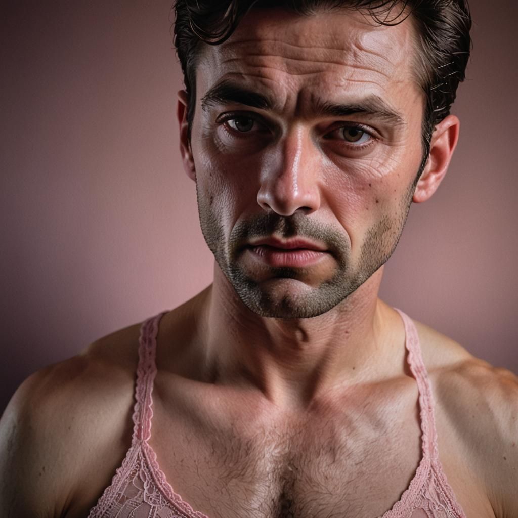 Embarrassed Man in Pink Lace Underwear: Hyper-Realistic Port...