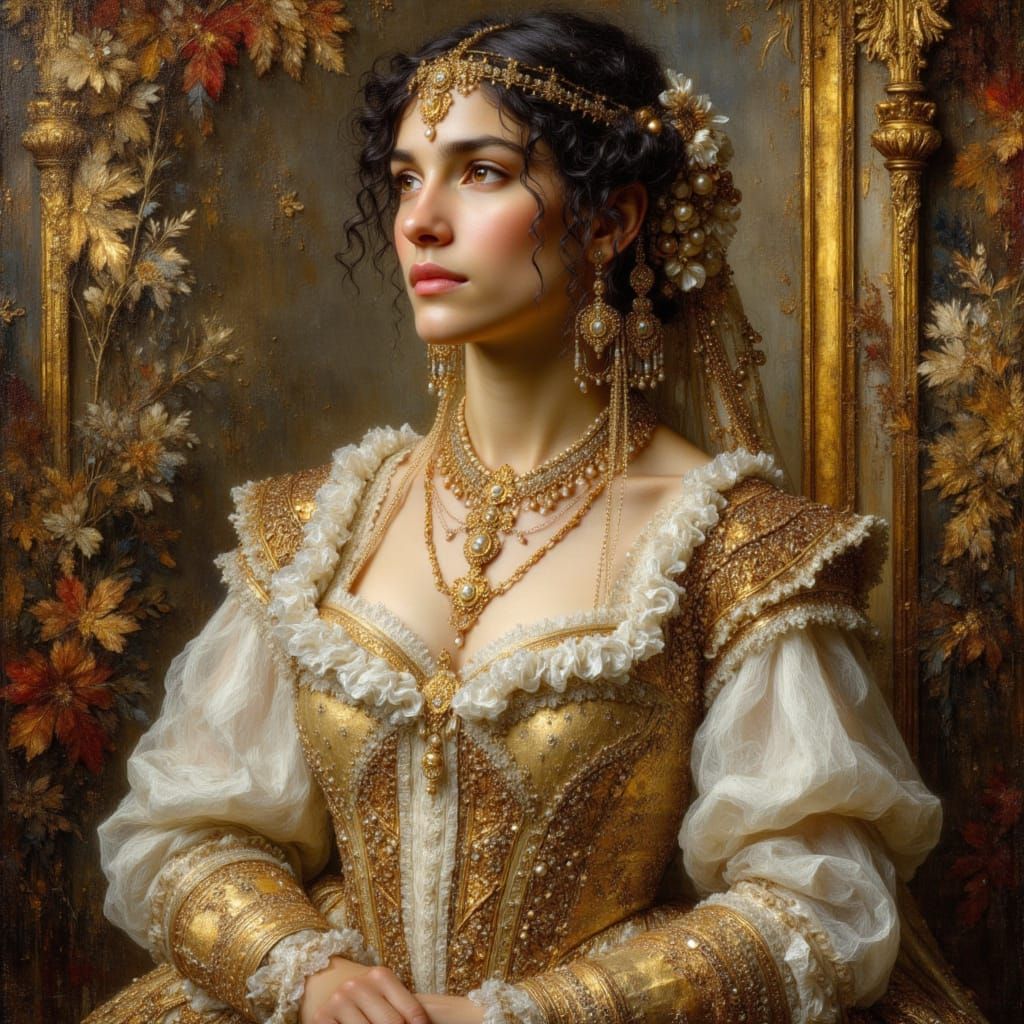 Italian Countess in Lavish Drawing-Room, Impasto Oil Paintin...