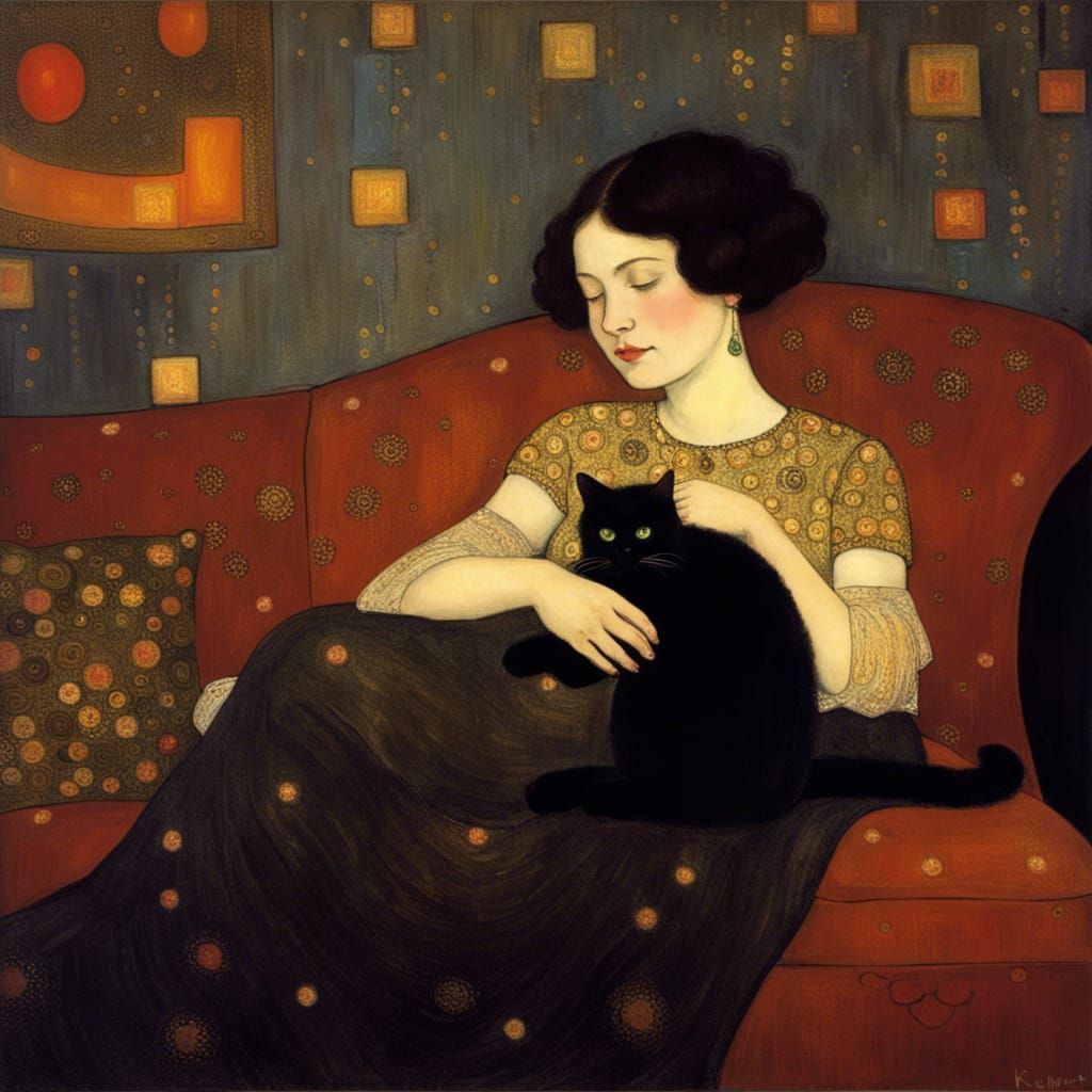 Girl with Black Cat in Art Nouveau Style